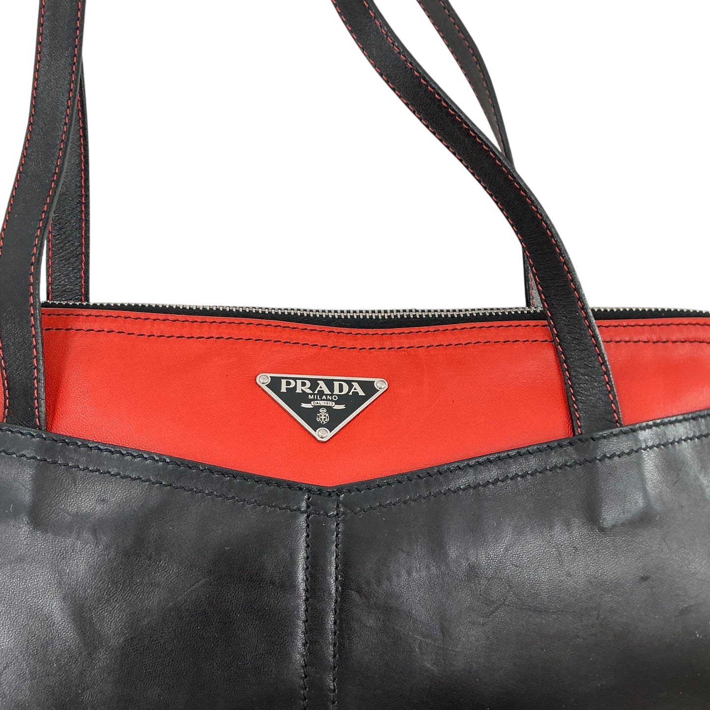 Prada Vintage Orange and Black Lambskin Leather & Nylon Shoulder Bag