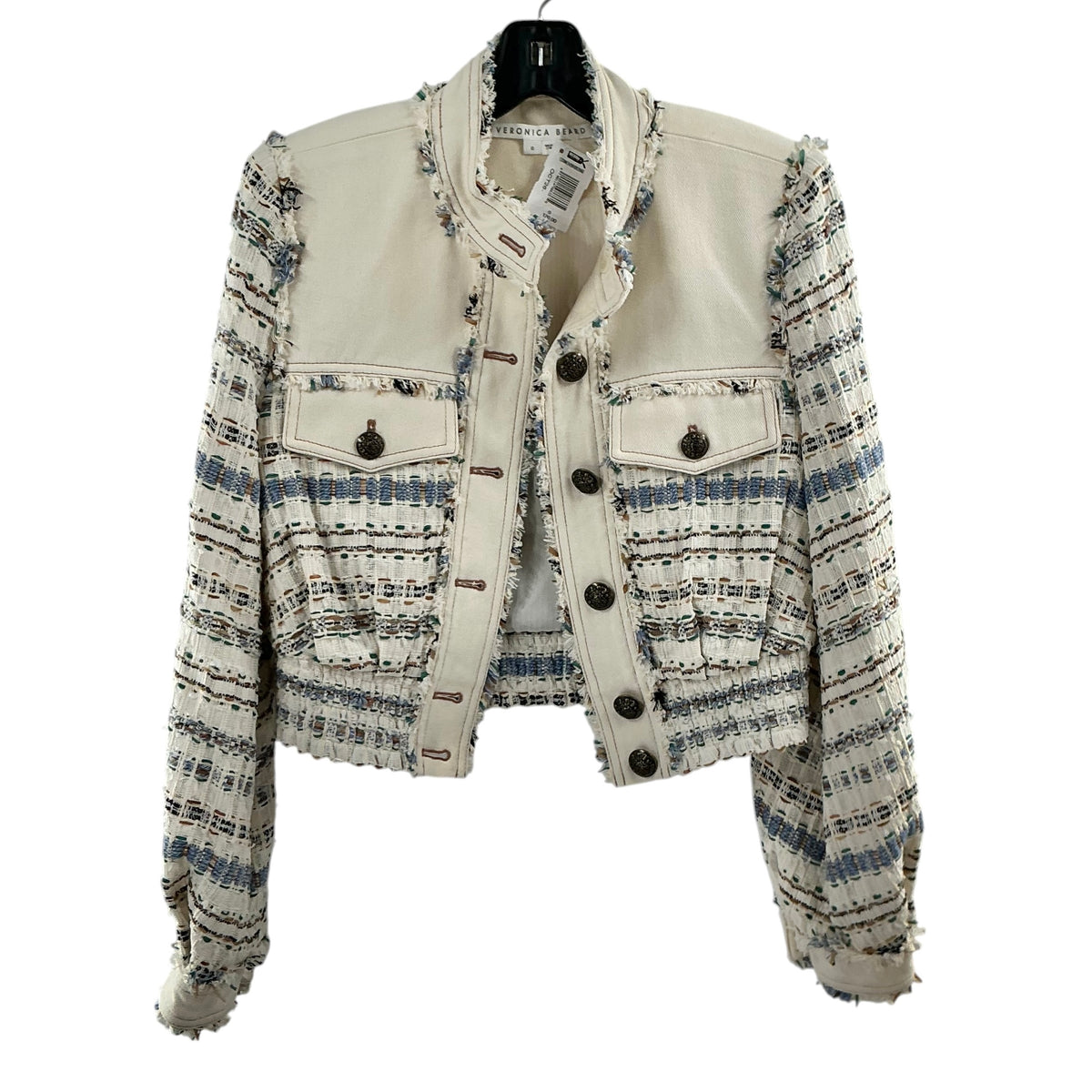 Veronica Beard Darren Tweed Gabardine Paneled Cropped Jacket Ecru Multi