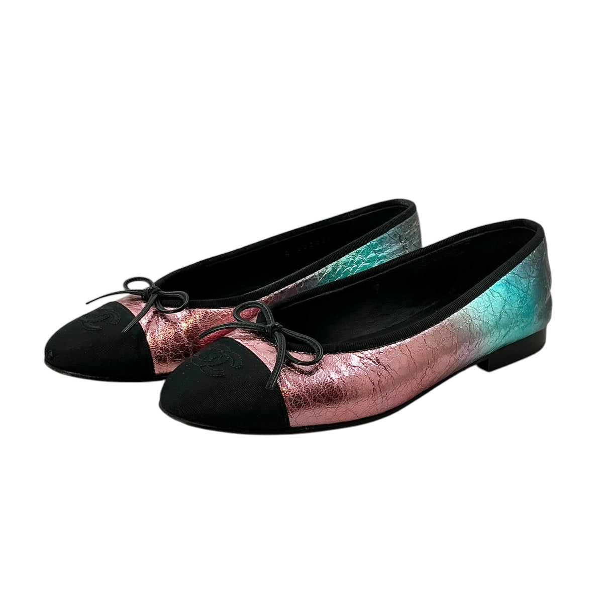 CHANEL Laminated Calfskin Grosgrain Cap Toe CC Ballerina Flats Size 36.5 Multicolor