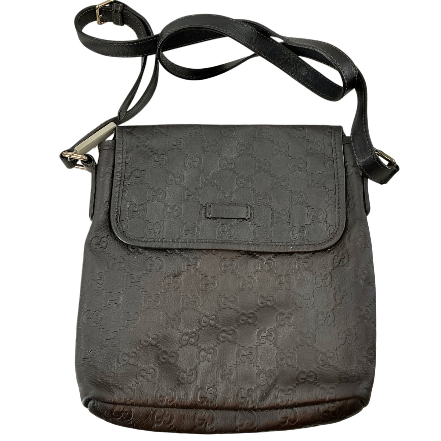 Gucci Dark Brown Guccissima Embossed Leather Flat Messenger Crossbody Bag