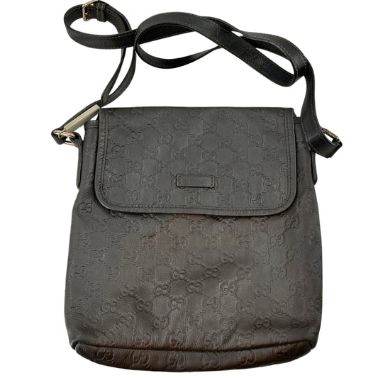 Gucci Dark Brown Guccissima Embossed Leather Flat Messenger Crossbody Bag