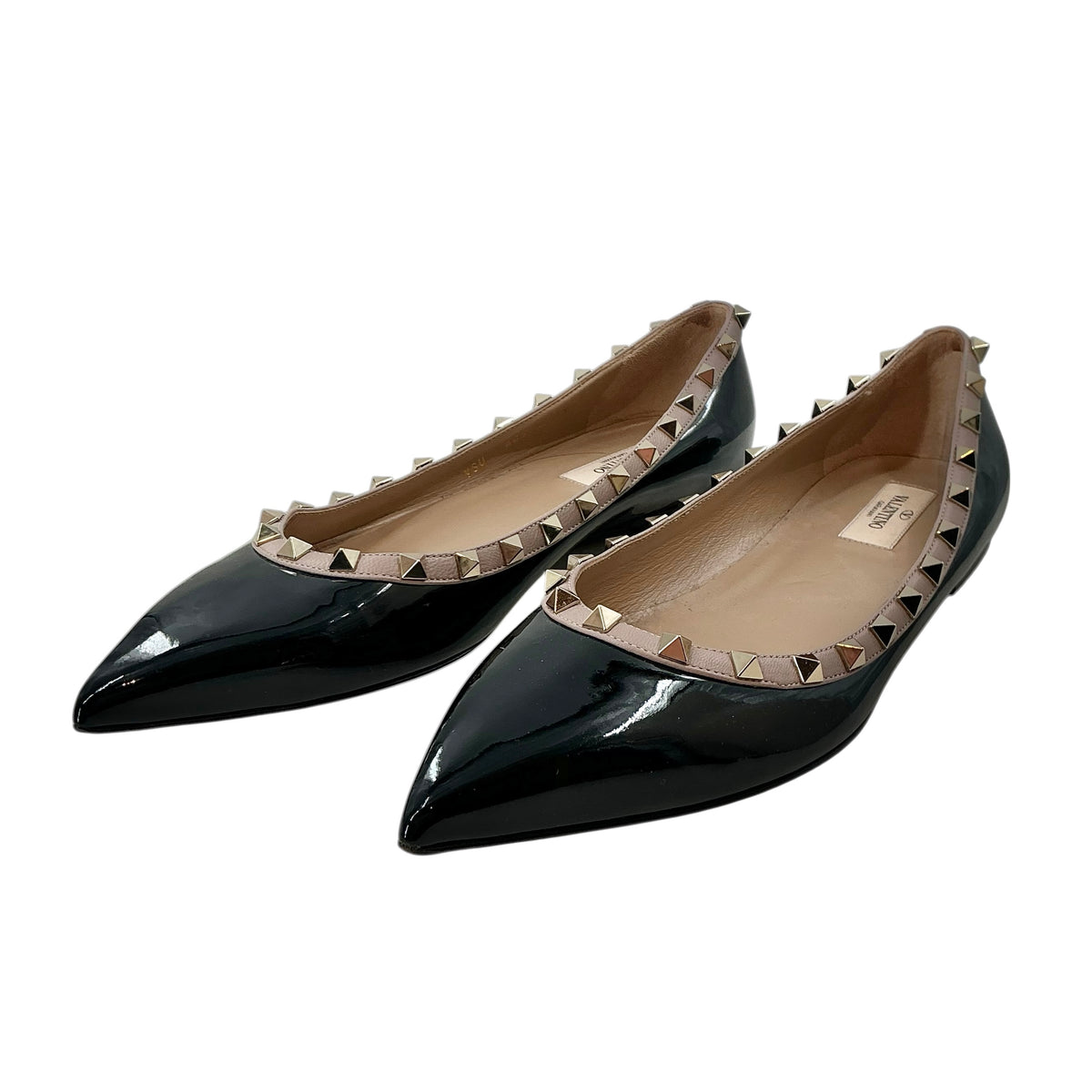 Valentino Garavani Rockstud Patent Leather Pointed Toe Ballet Flats Black Poudre