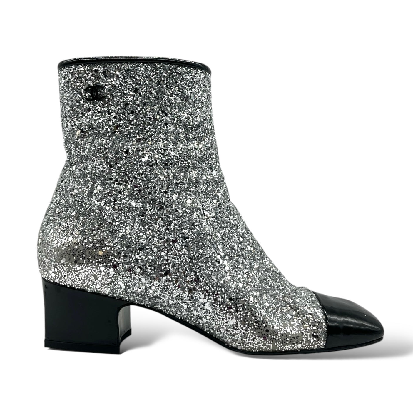 Chanel Glitter Patent Cap Toe Short Boots