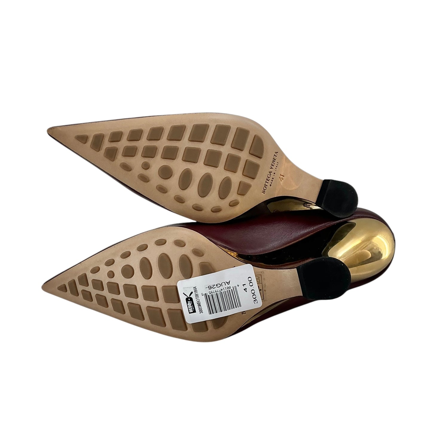 Bottega Veneta Punta T-Bar Wedge Pumps Burgundy Gold Metallic Heel