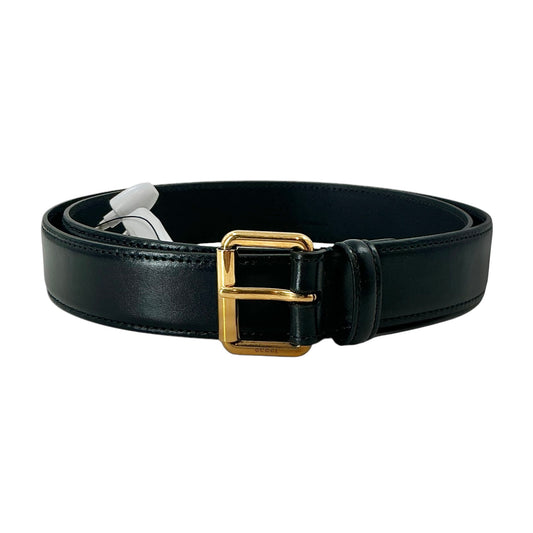Gucci Smooth Black Leather Belt with Gold Buckle