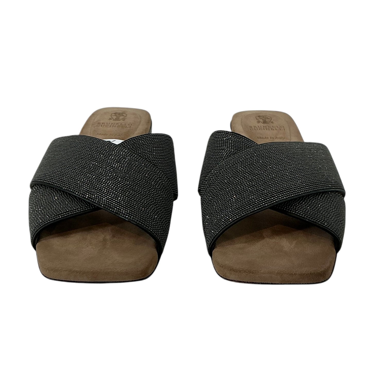 Brunello Cucinelli Monili Bead Crisscross Suede Slide Sandals