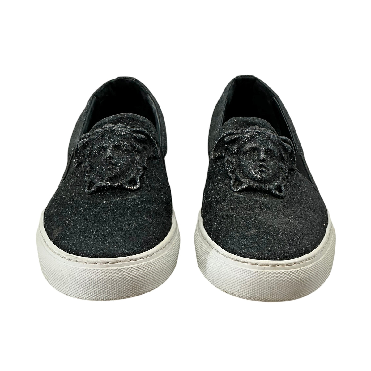 Versace Black Glitter Medusa Palazzo Slip-On Sneakers