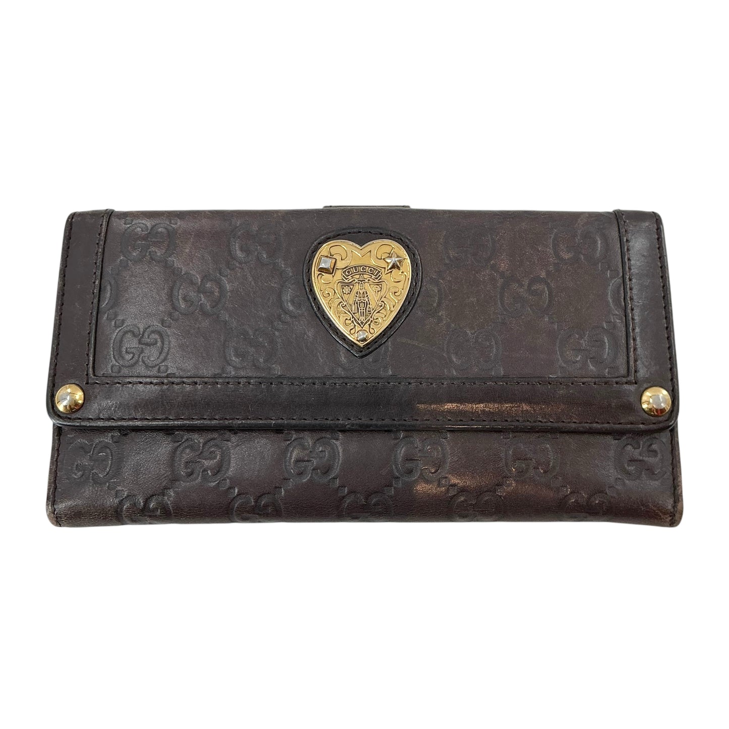 Gucci Dark Brown Guccissima Leather Babouska Heart Crest Continental Long Wallet