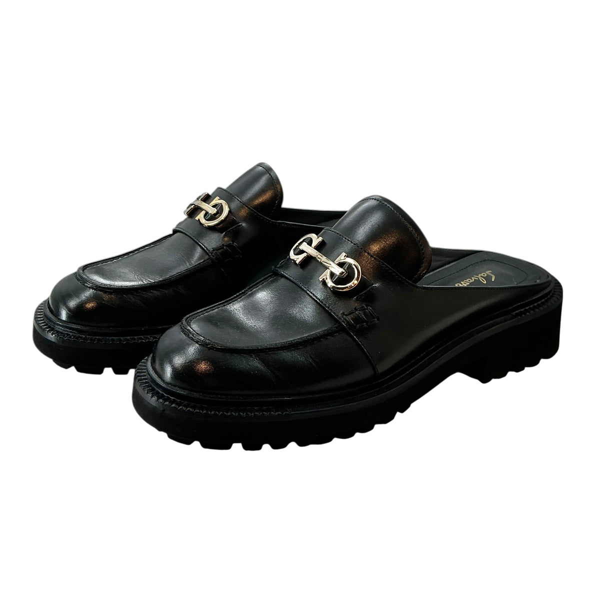Salvatore Ferragamo Black Leather Gancini Platform Loafer Mules