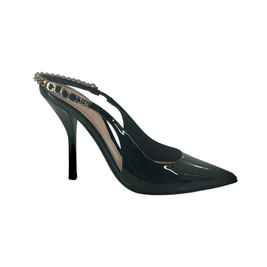 Gucci Signoria Black Patent Leather Chain Slingback Pumps