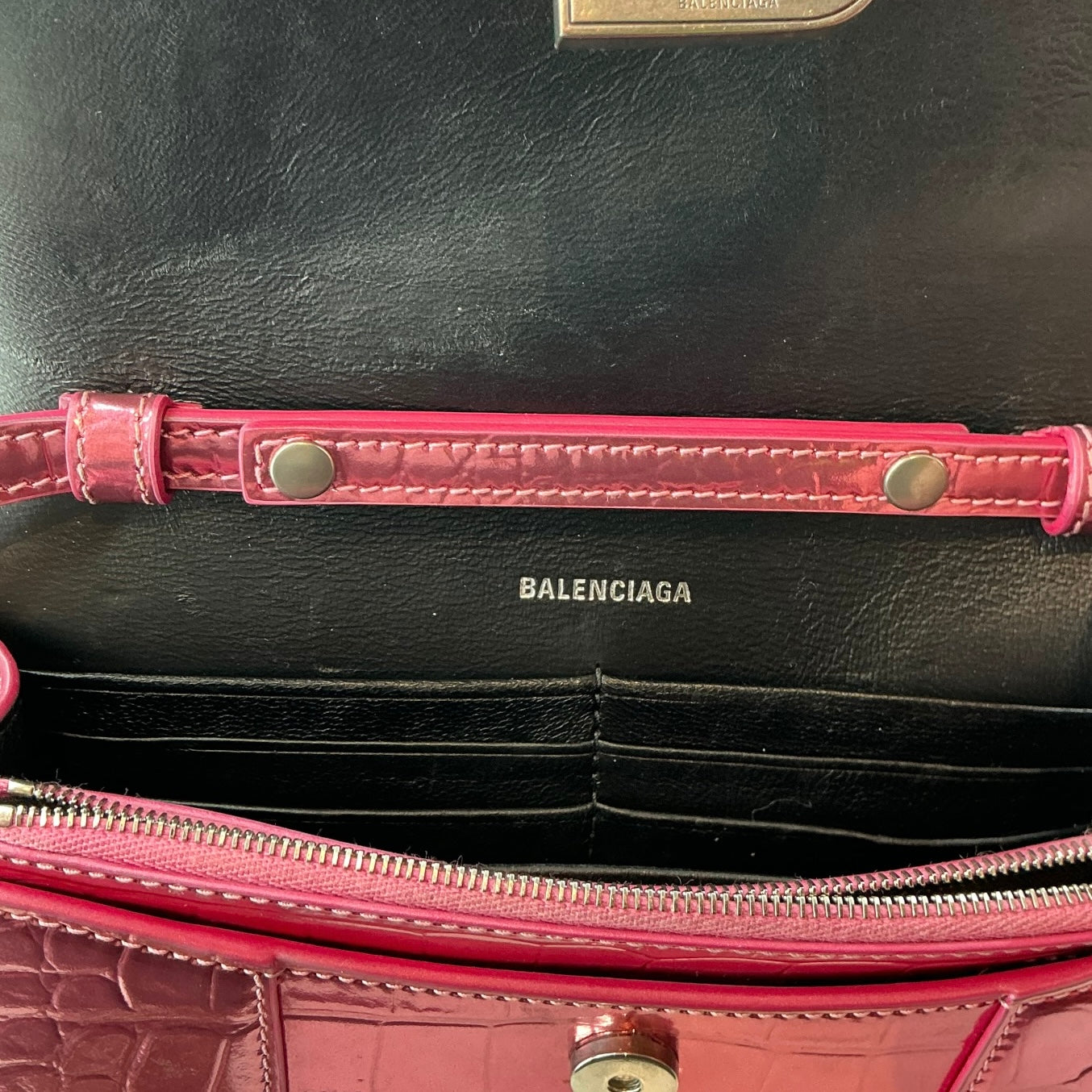 Balenciaga Hourglass Chain Wallet – Metallic Pink Crocodile-Embossed Leather