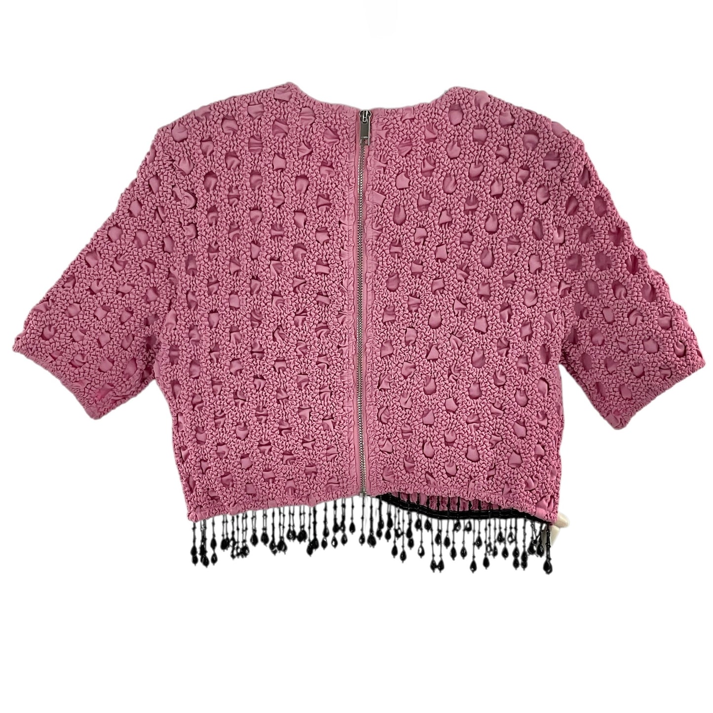 GANNI Smocked Satin Beaded Fringe Crop Top