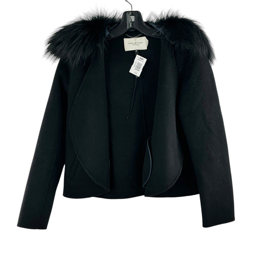 Halston Heritage Black Cropped Jacket Wool Blend Fur Collar