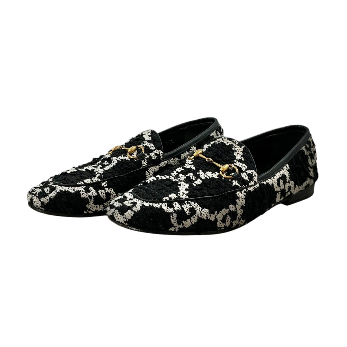 Gucci Black & White GG Tweed Jordaan Horsebit Loafers