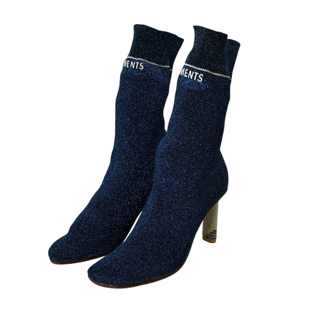 VETEMENTS Lurex Blue Glitter Sock Boots With Eiffel Tower Lighter Heel