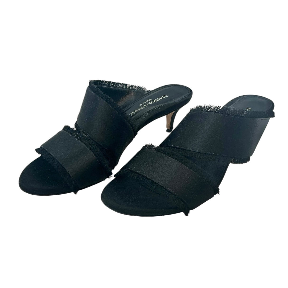 Marion Parke Black Satin Fringe Kitten Heel Mules