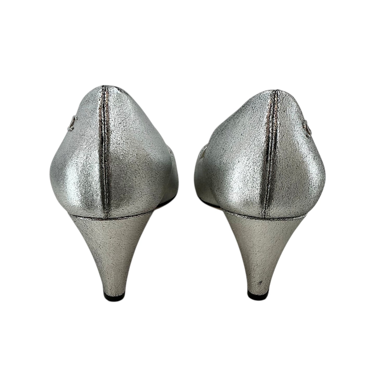 CHANEL Metallic Silver Distressed Leather Pointed Toe Kitten Heels