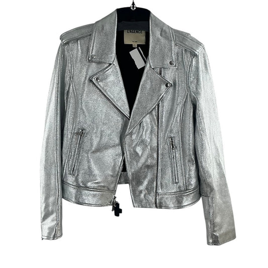 L'AGENCE Silver Metallic Leather Moto Biker Jacket