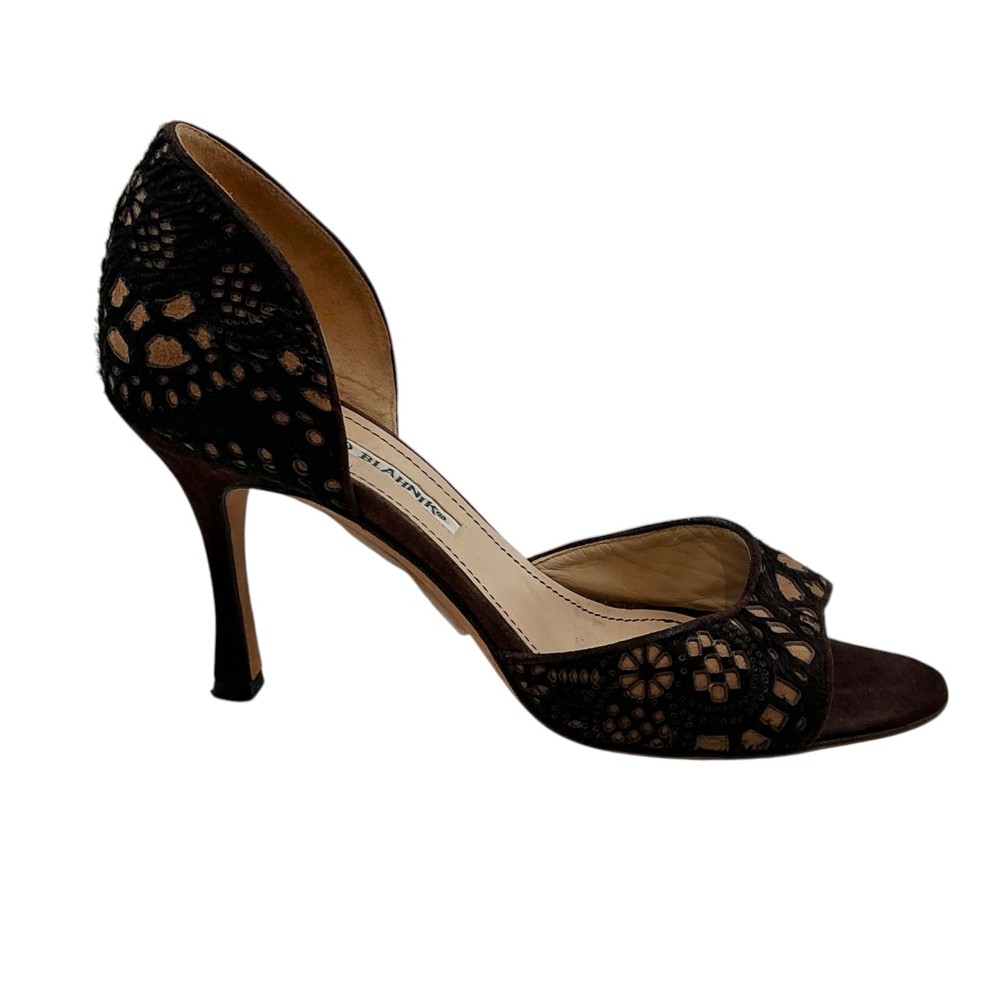 Manolo Blahnik Brown Laser-Cut Suede Lace D'Orsay Peep Toe Heels