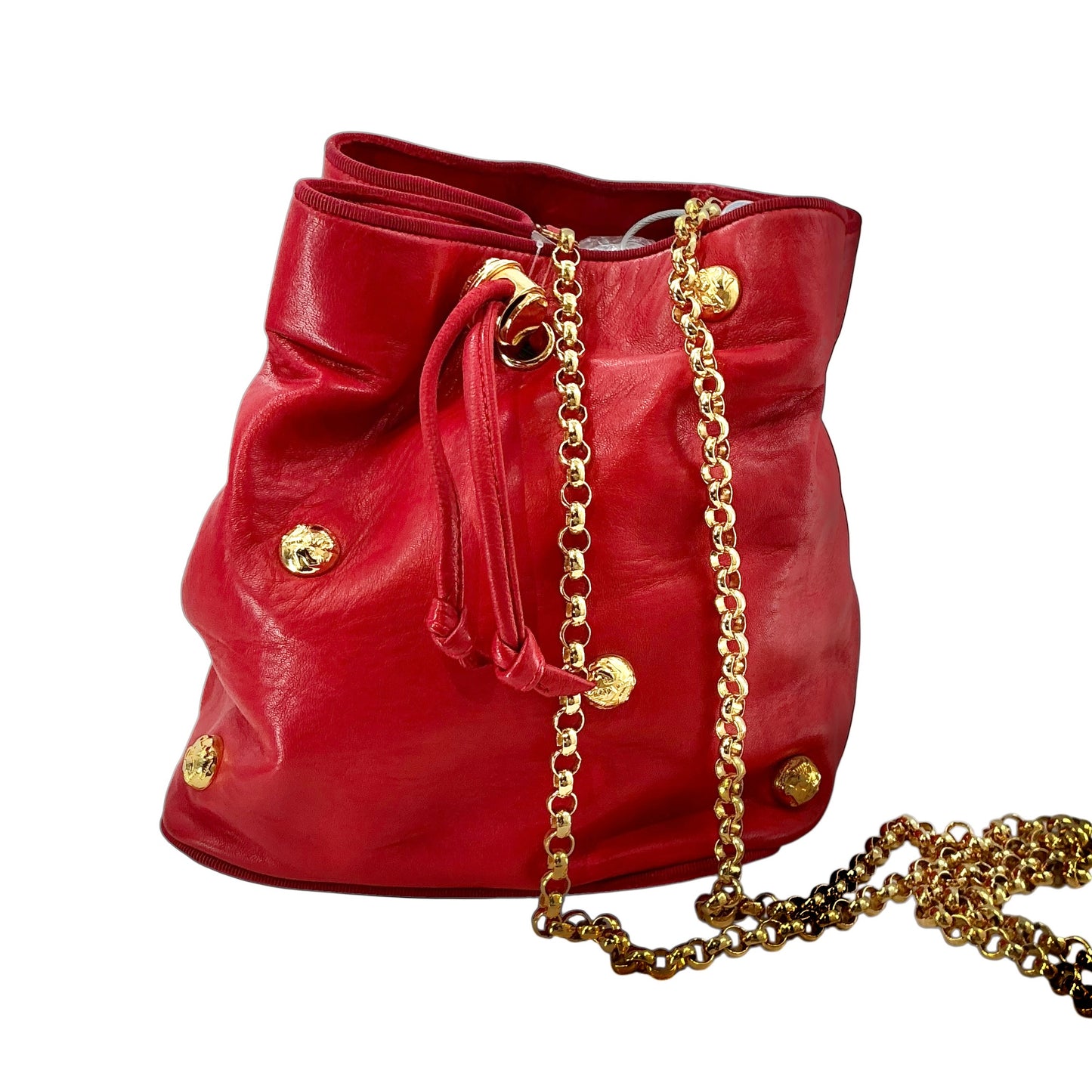 Salvatore Ferragamo Red Leather Drawstring Bucket Bag with Gold Icon Studs & Chain Strap