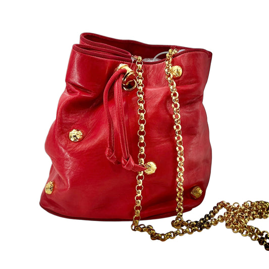 Salvatore Ferragamo Red Leather Drawstring Bucket Bag with Gold Icon Studs & Chain Strap