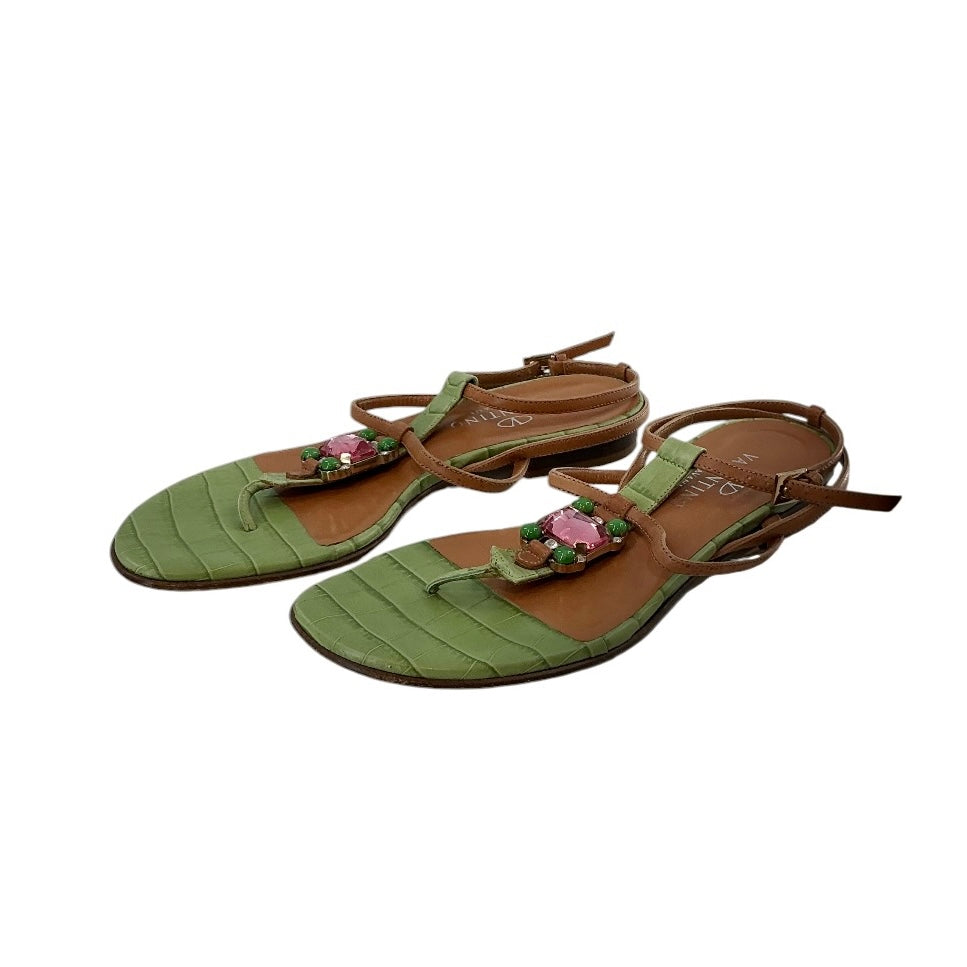Valentino Garavani Bejeweled Green Croc Flat Sandals