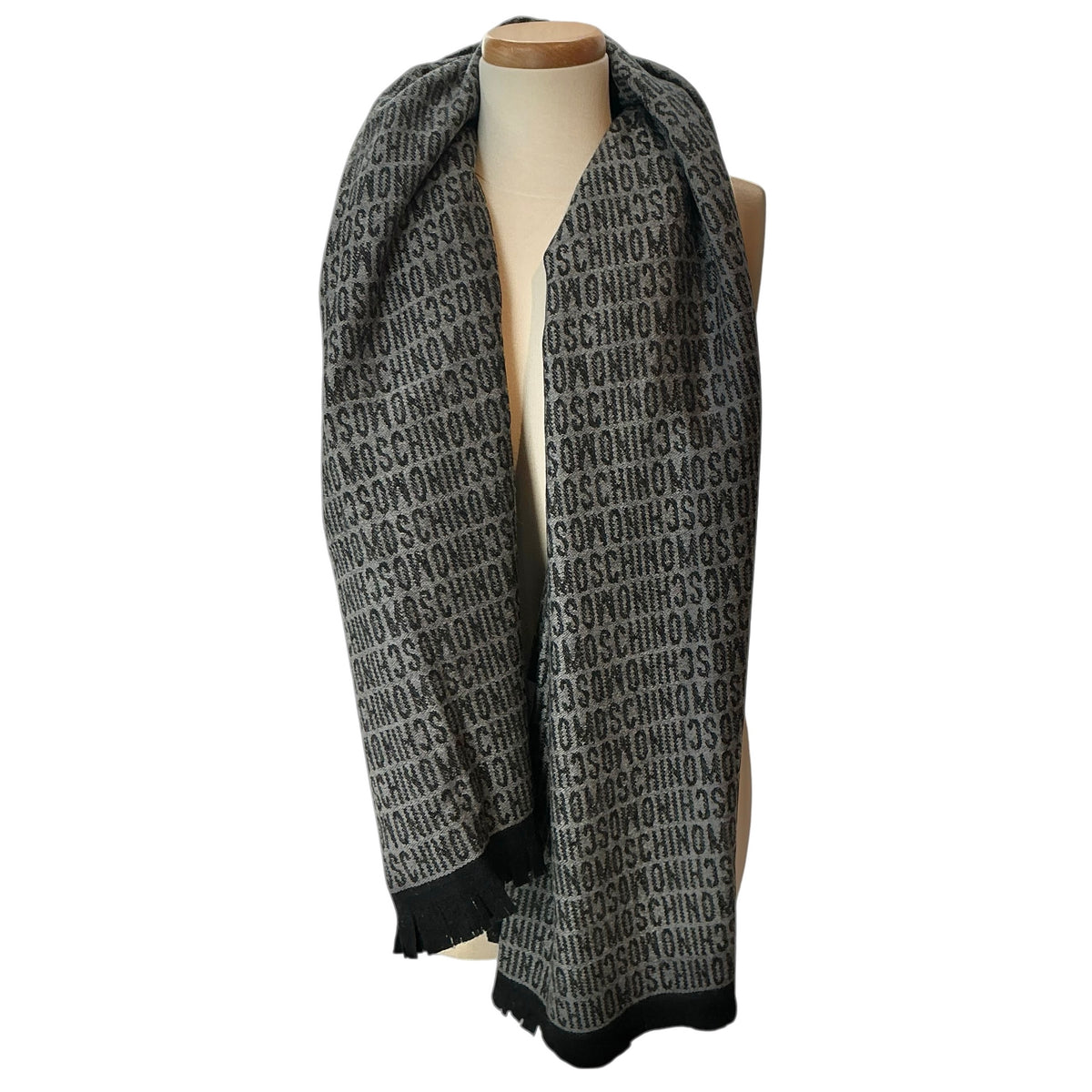 Moschino All-Over Monogram Logo Jacquard Wool Scarf - Grey & Black
