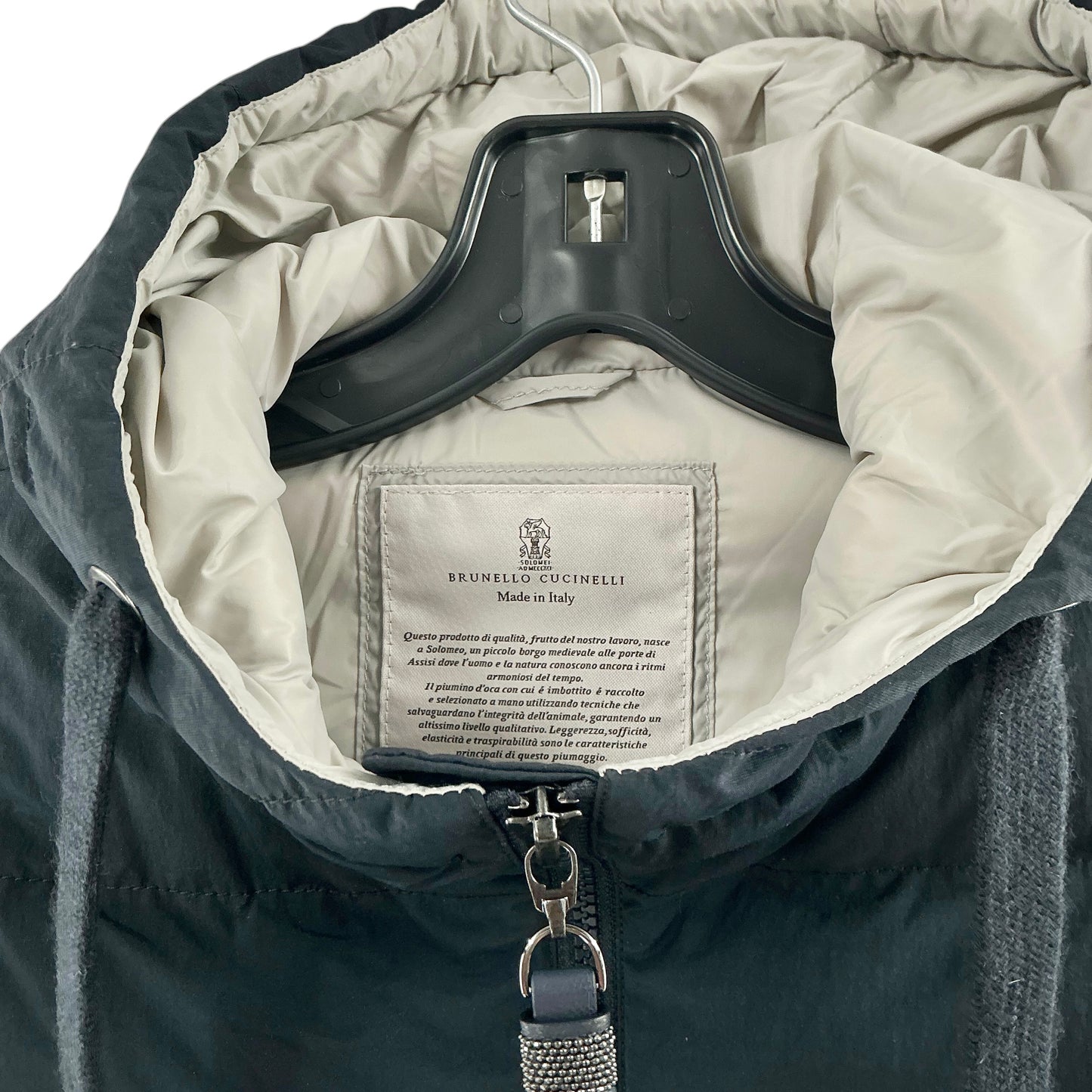 Brunello Cucinelli Hooded Knit-Sleeve Mixed Media Down Jacket Blue