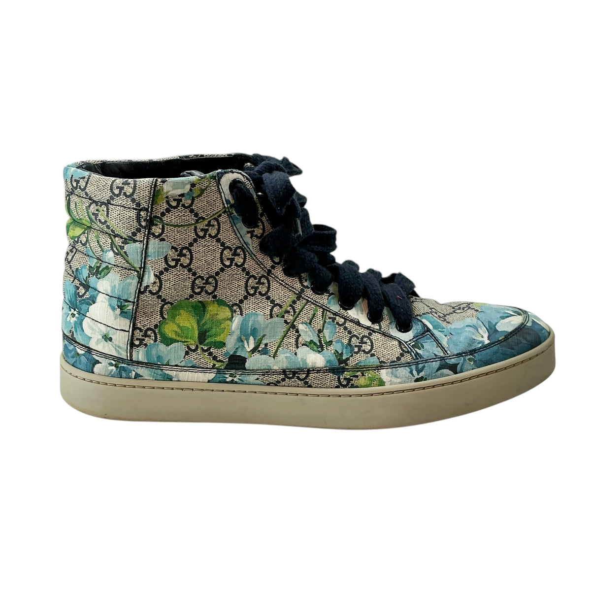 Gucci Men's Blue Bloom Print GG Supreme Canvas High-Top Sneakers