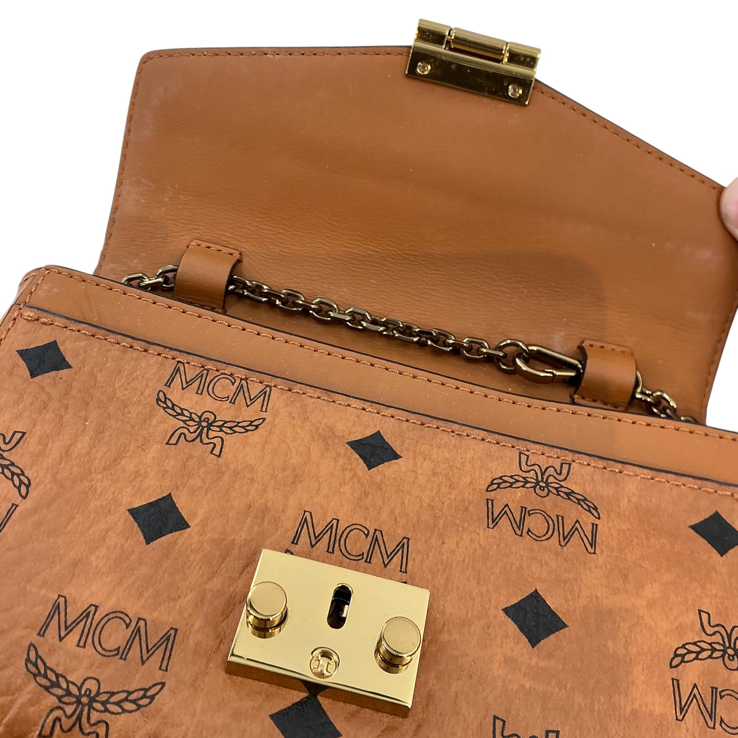 MCM Cognac Visetos Monogram Millie / Tracy Wallet on Chain Crossbody Bag