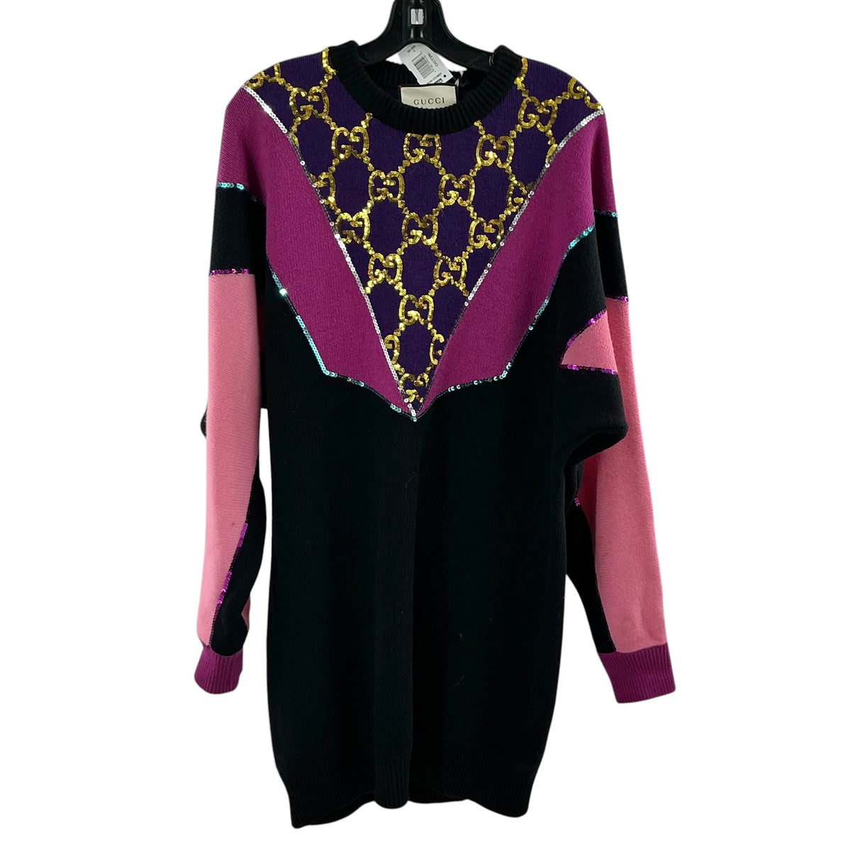 Gucci Black & Purple Sequin GG Monogram Rib-Knit Sweater Dress