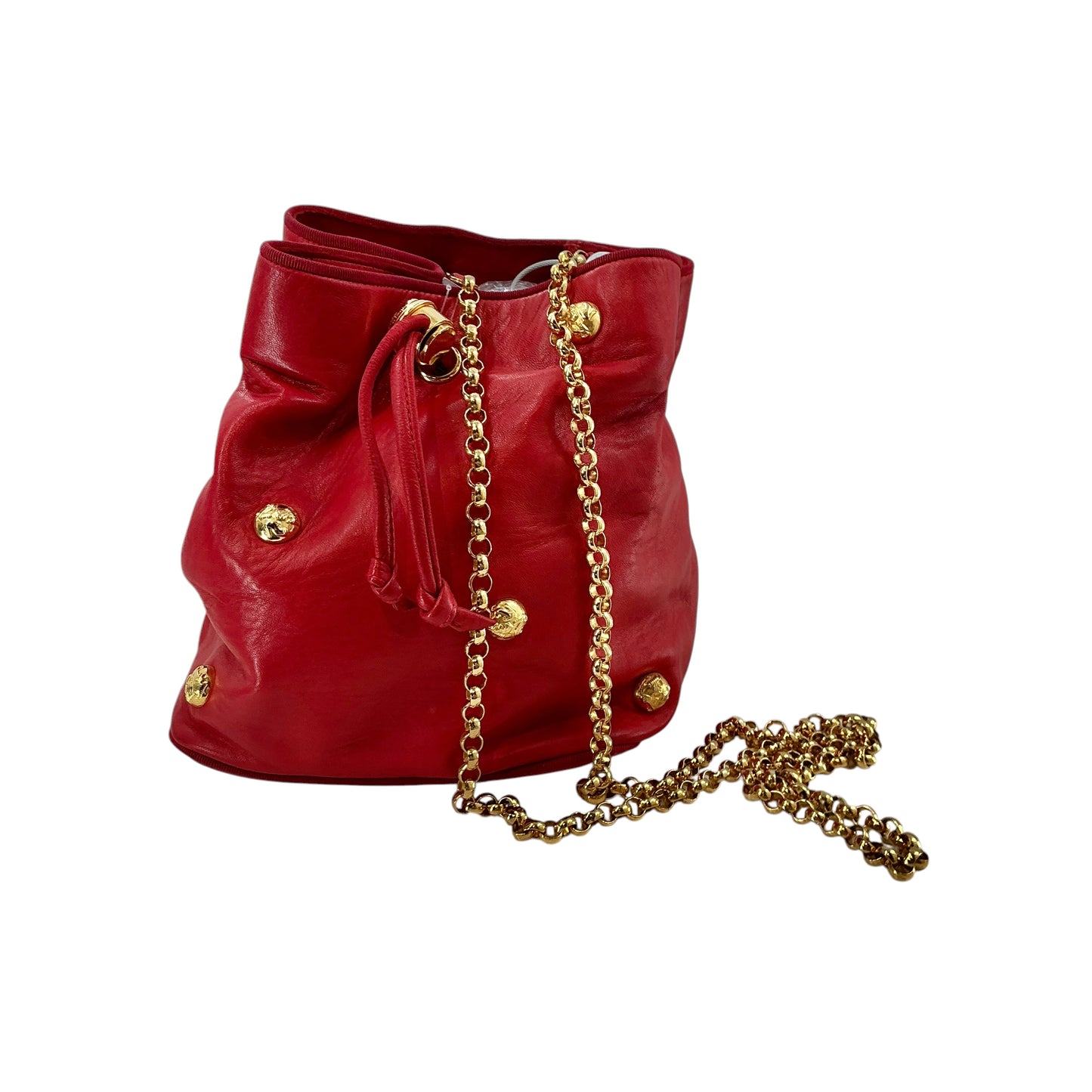 Salvatore Ferragamo Red Leather Drawstring Bucket Bag with Gold Icon Studs & Chain Strap