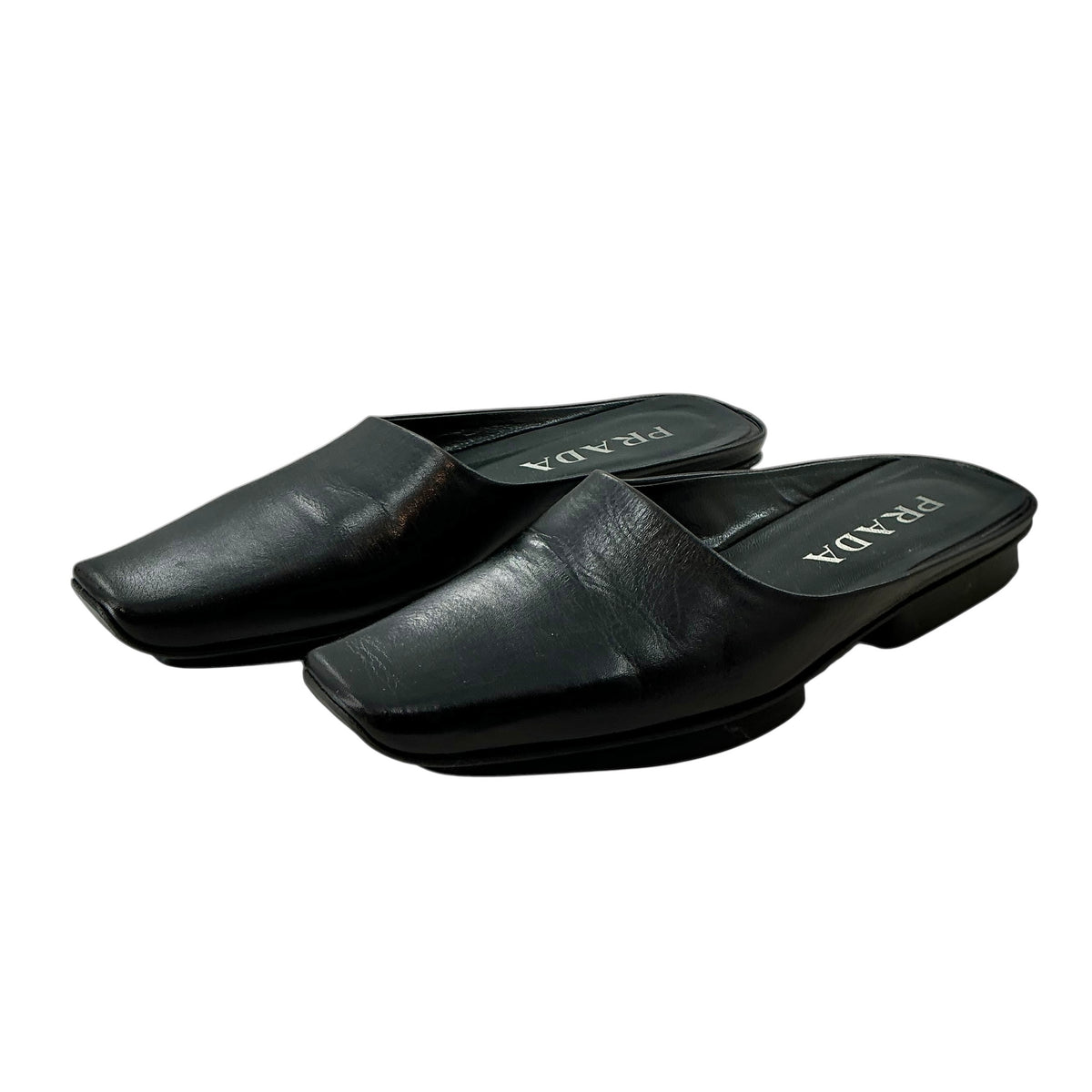 PRADA Black Leather Square Toe Flat Mules Slides