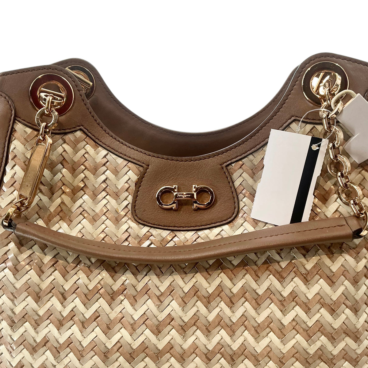 Salvatore Ferragamo Betulla Chevron Woven Straw & Brown Leather Shoulder Tote