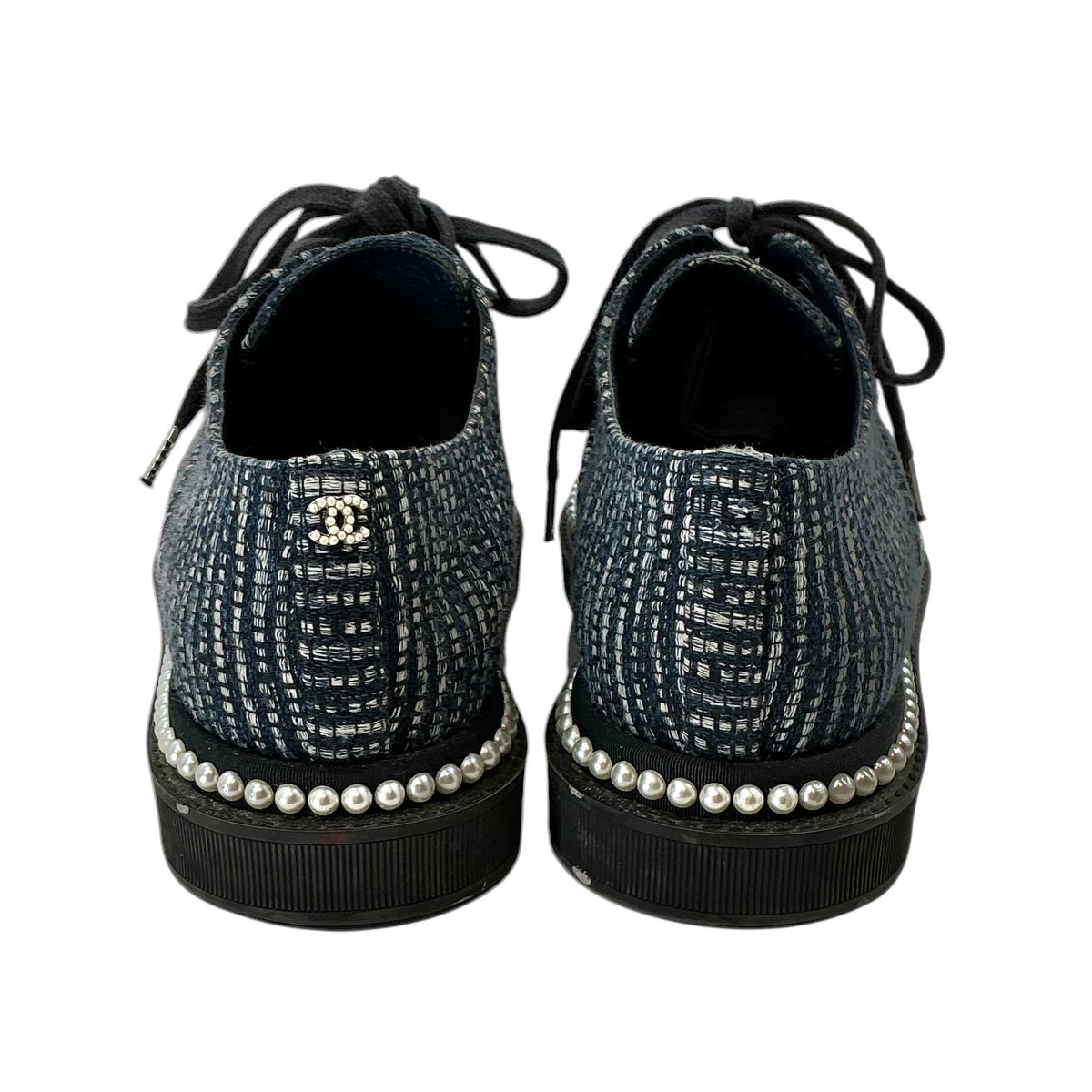 Chanel Navy Tweed & Grosgrain Faux Pearl Derby Oxfords