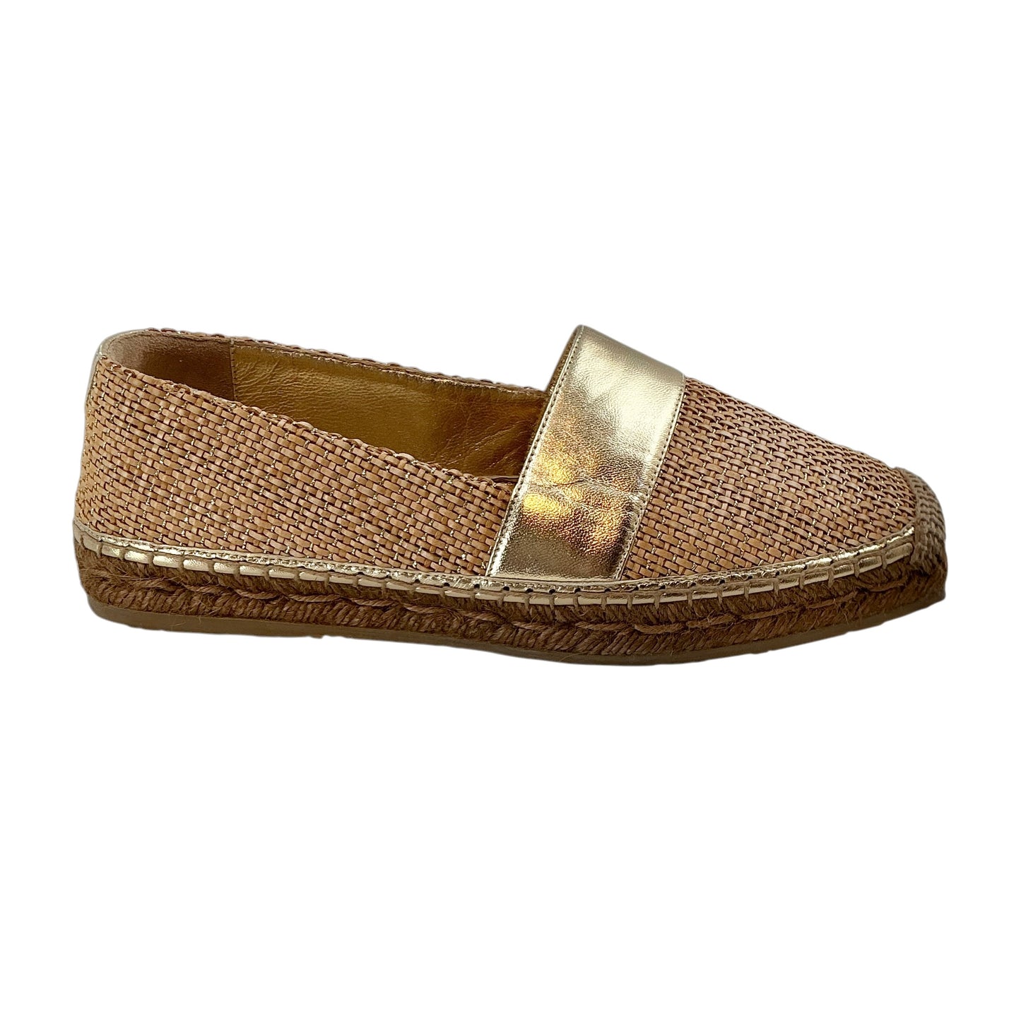 Jimmy Choo "Dru" Metallic Leather and Woven Fabric Flat Espadrilles