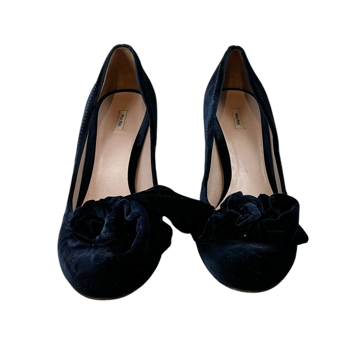 Miu Miu Midnight Blue Velvet Bow Accent Chunky Heel Pumps