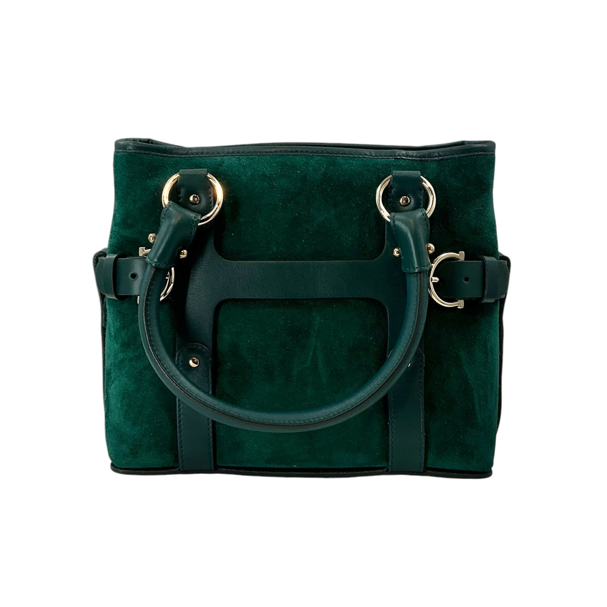 Salvatore Ferragamo Hunter Green Suede & Leather Gancini Top Handle Bag
