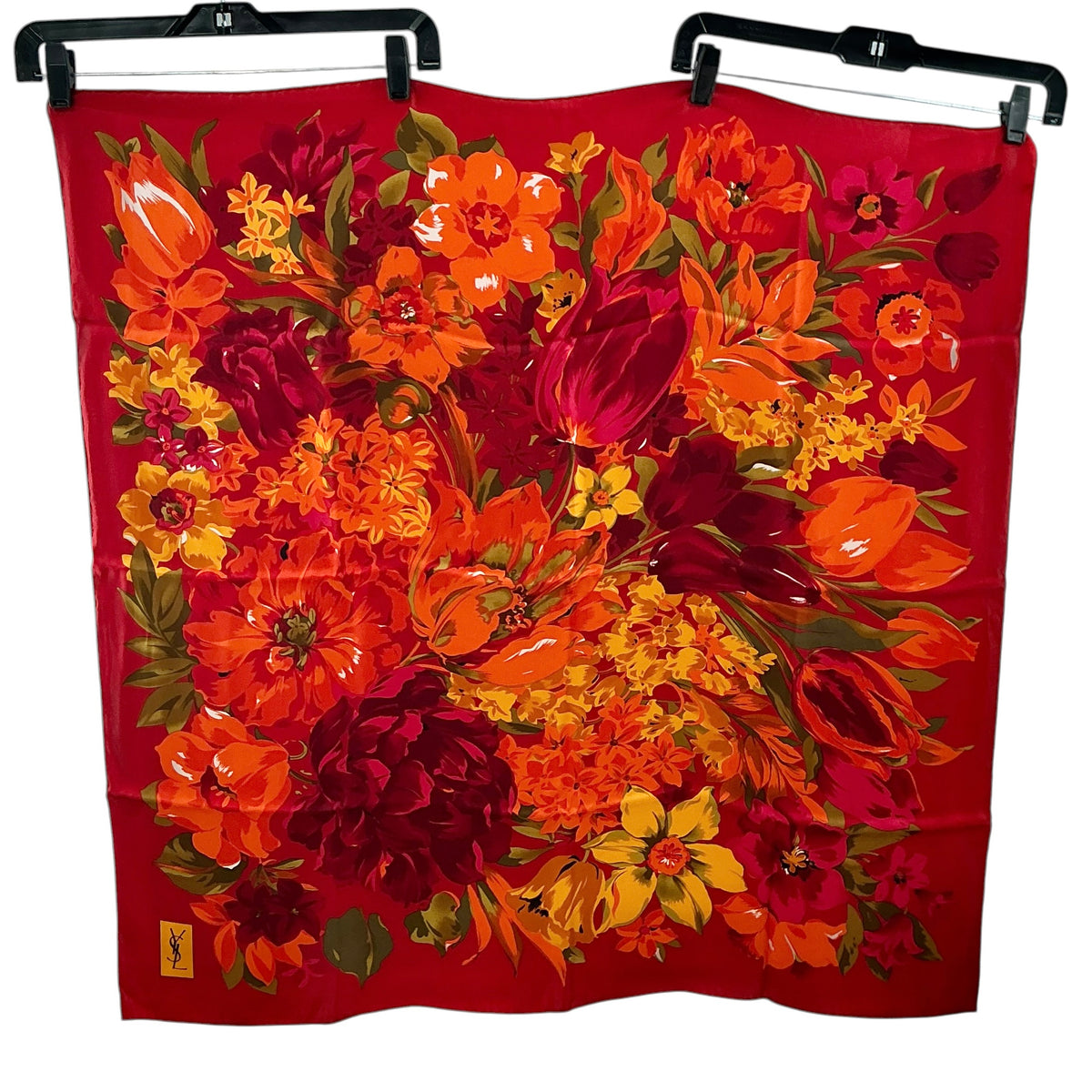 Vintage Yves Saint Laurent Silk Floral Scarf – Vibrant Red, Orange & Yellow Square Foulard