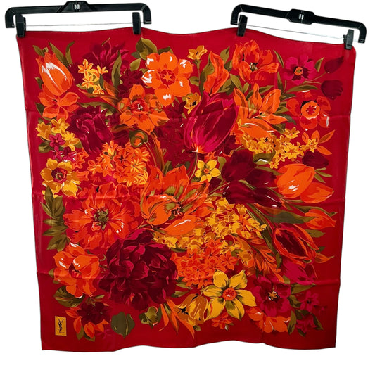 Vintage Yves Saint Laurent Silk Floral Scarf – Vibrant Red, Orange & Yellow Square Foulard