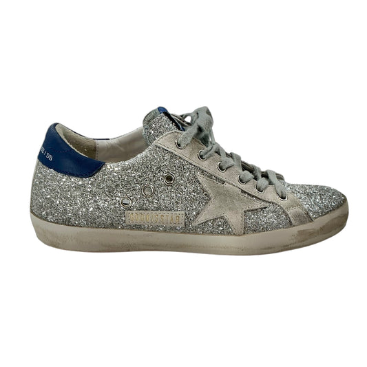 Golden Goose Superstar Silver Glitter Sneakers Blue Leather Heel
