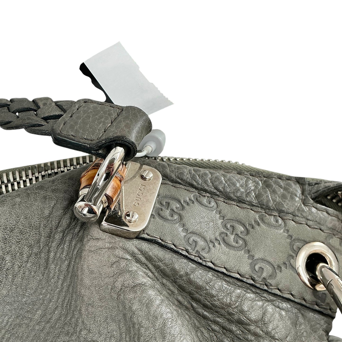 Gucci Grey Leather Bamboo Bar Large Shoulder Bag with Braided Handle