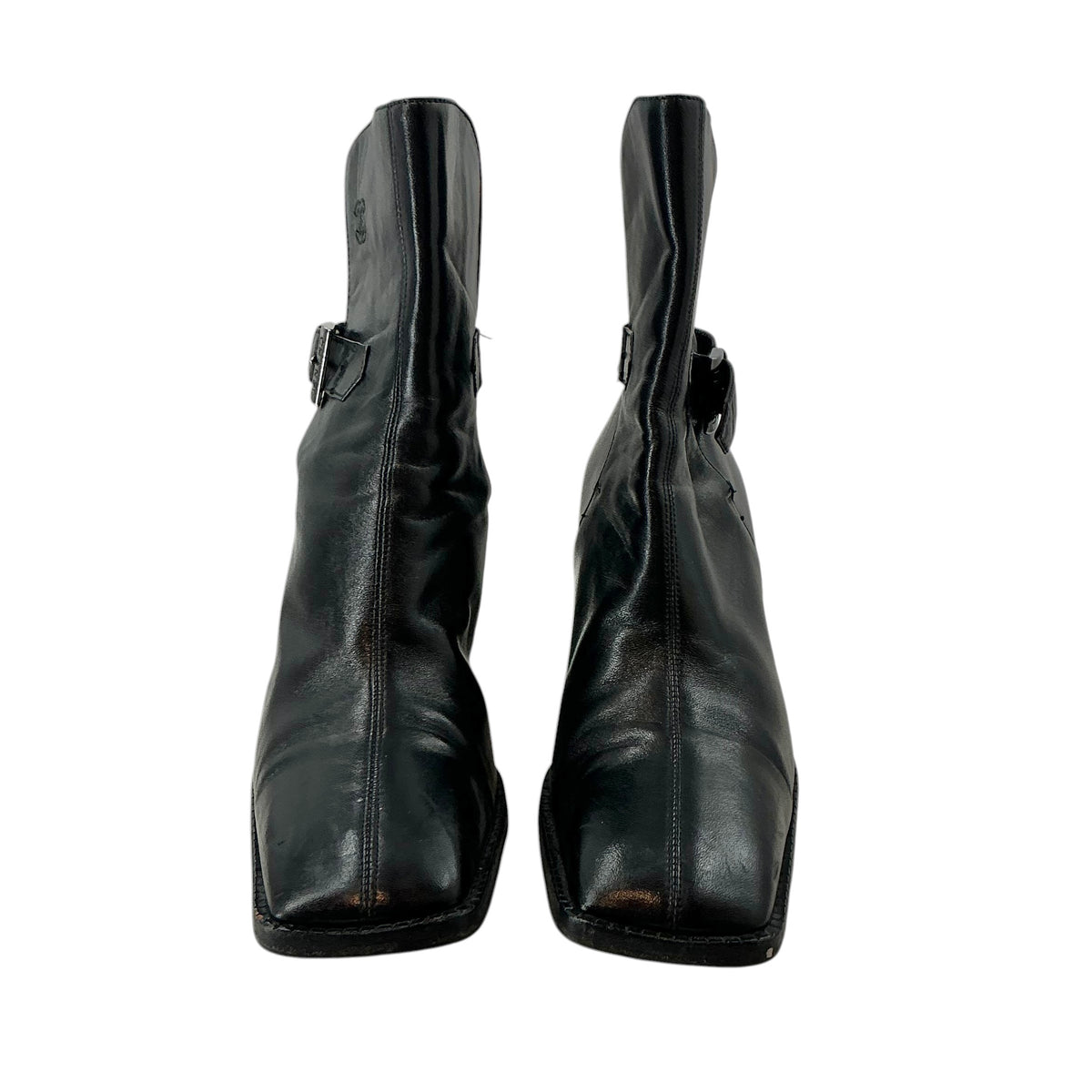 CHANEL Black Leather Square Toe Ankle Boots