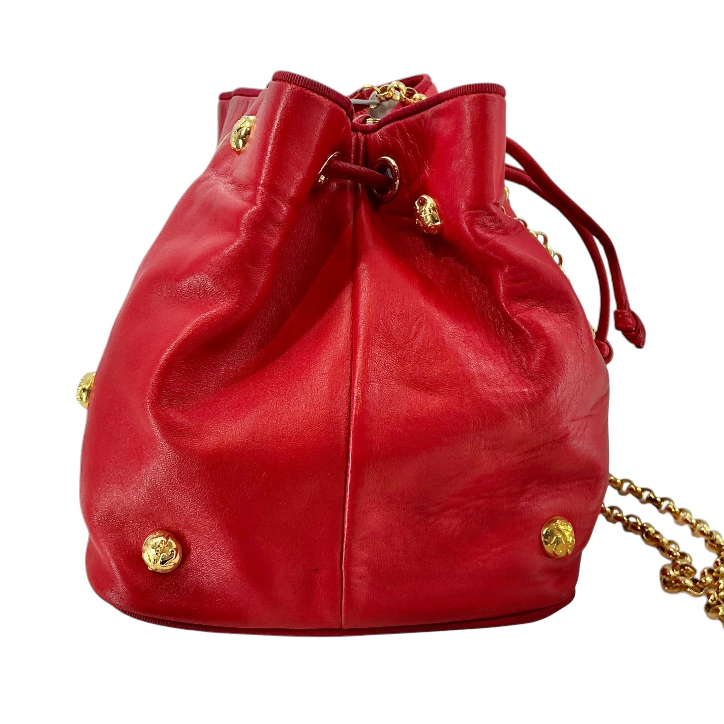 Salvatore Ferragamo Red Leather Drawstring Bucket Bag with Gold Icon Studs & Chain Strap