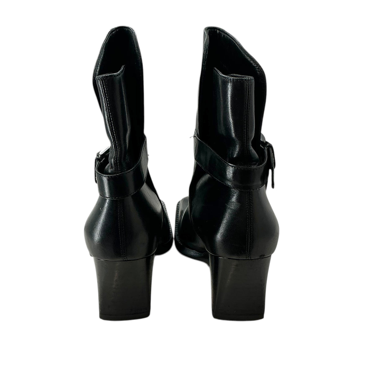 CHANEL Black Leather Square Toe Ankle Boots