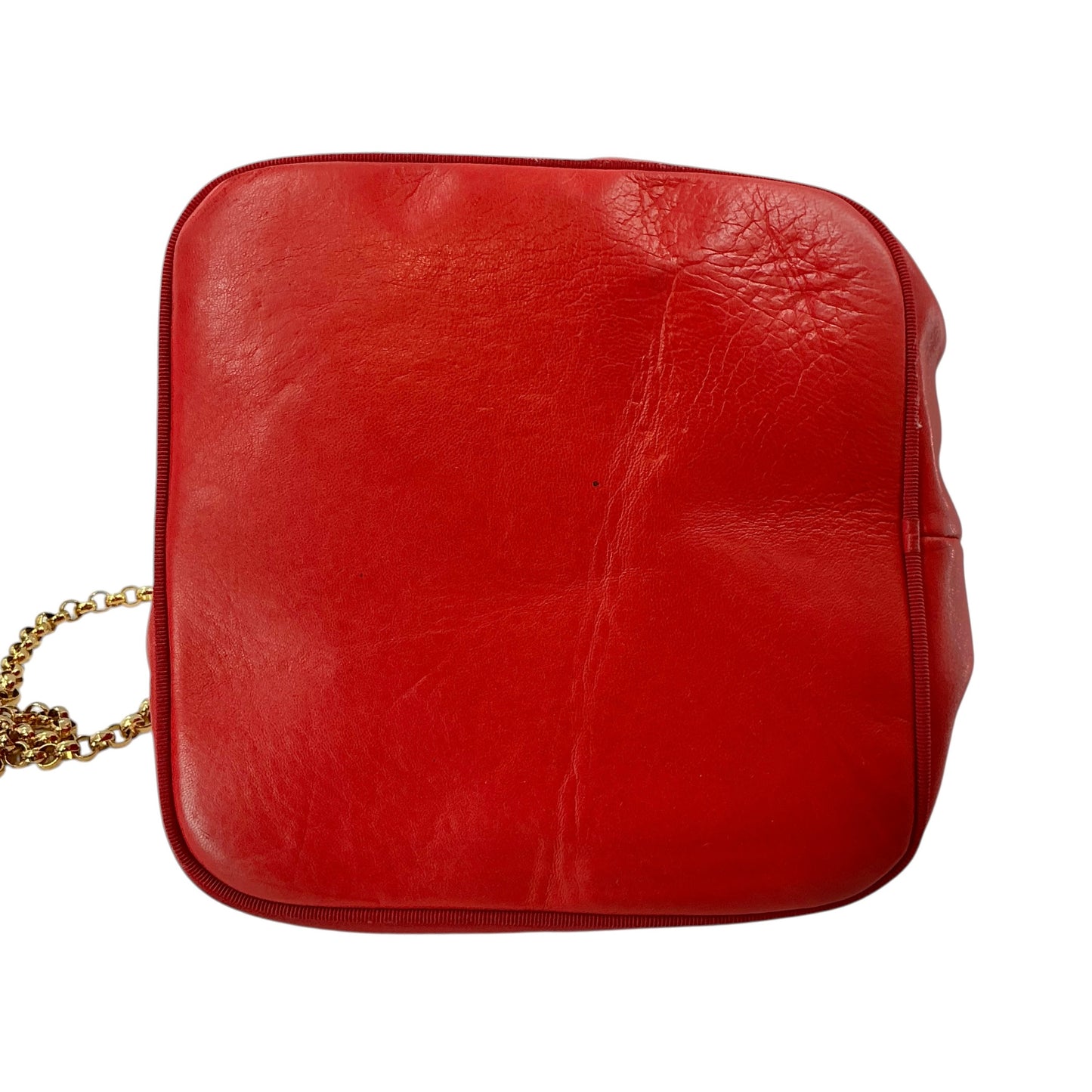 Salvatore Ferragamo Red Leather Drawstring Bucket Bag with Gold Icon Studs & Chain Strap