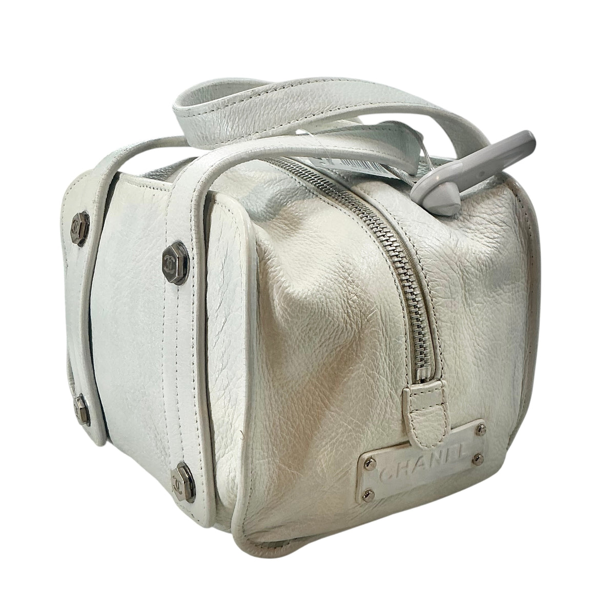 Chanel Vintage White Leather Bolt Bowler Bag