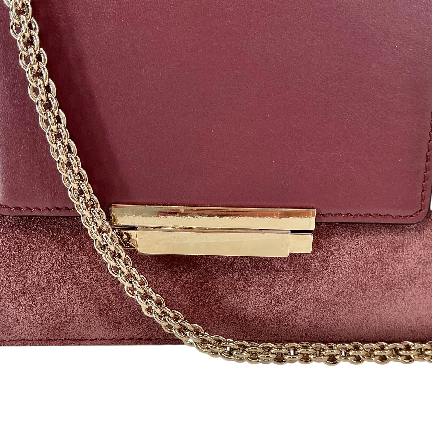 AERIN Burgundy Leather & Suede Convertible Flap Shoulder Bag with Gold Chain