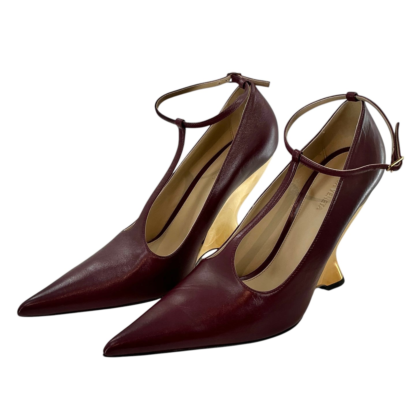 Bottega Veneta Punta T-Bar Wedge Pumps Burgundy Gold Metallic Heel
