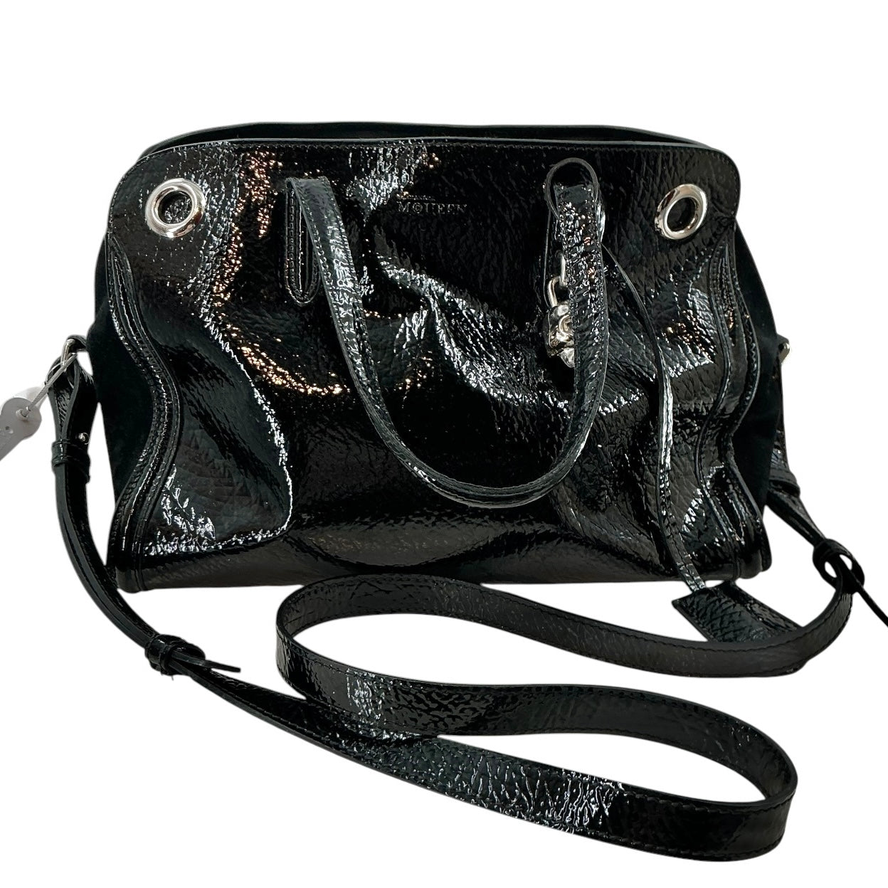 Alexander McQueen Black Patent Leather Eyelet Padlock Small Satchel
